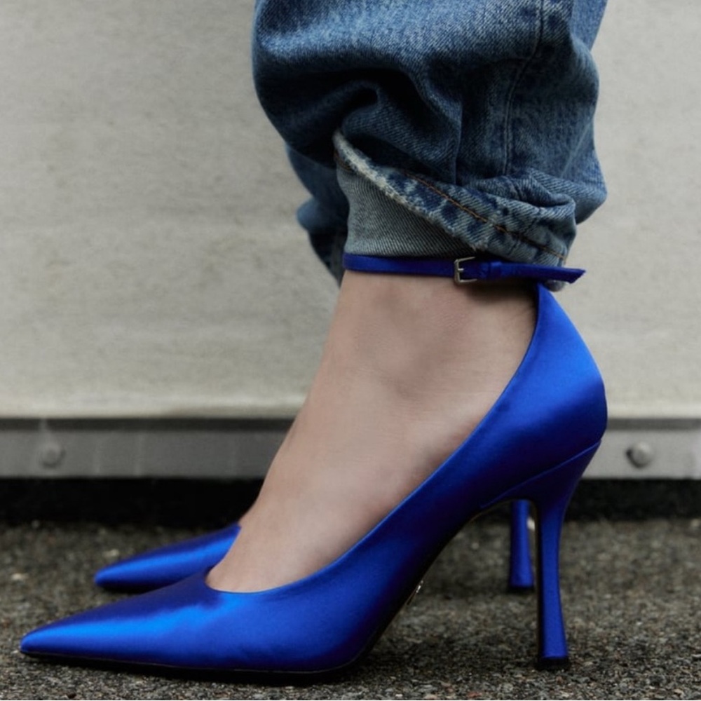 NWT! Zara Electric Blue Satin Ankle Strap Heels 37